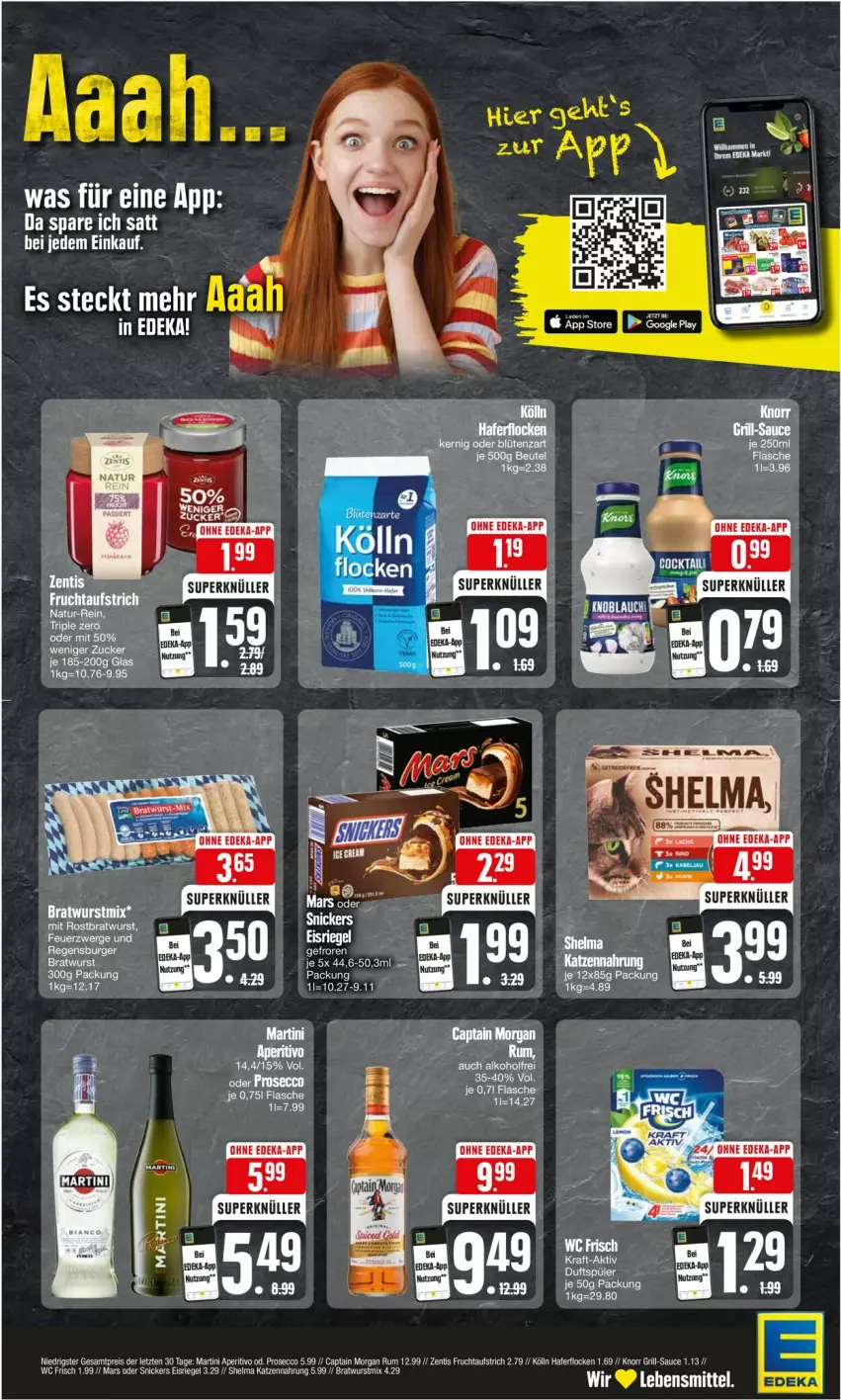 Aktueller Prospekt Edeka - Prospekte - von 12.08 bis 17.08.2024 - strona 2 - produkty: aufstrich, bratwurst, Cap, captain morgan, deka, ecco, eis, Eisriegel, flasche, frucht, fruchtaufstrich, hafer, haferflocken, katzennahrung, knorr, kölln, lebensmittel, mars, martini, natur, prosecco, reis, riegel, rum, sauce, snickers, Ti, wc frisch, wurst, zentis, ZTE, zucker