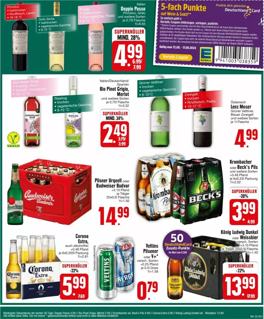 Aktueller Prospekt Edeka - Prospekte - von 12.08 bis 17.08.2024 - strona 23 - produkty: alkohol, auer, beck's, bio, blauer zweigelt, budweiser, corona, coupon, eis, flasche, grüner veltliner, krombache, krombacher, Lenz Moser, merl, merlot, moser, pils, pilsener, pilsner, pilsner urquell, Pinot, pinot grigio, rel, Ti, veltins, veltins pilsener, Zweigelt