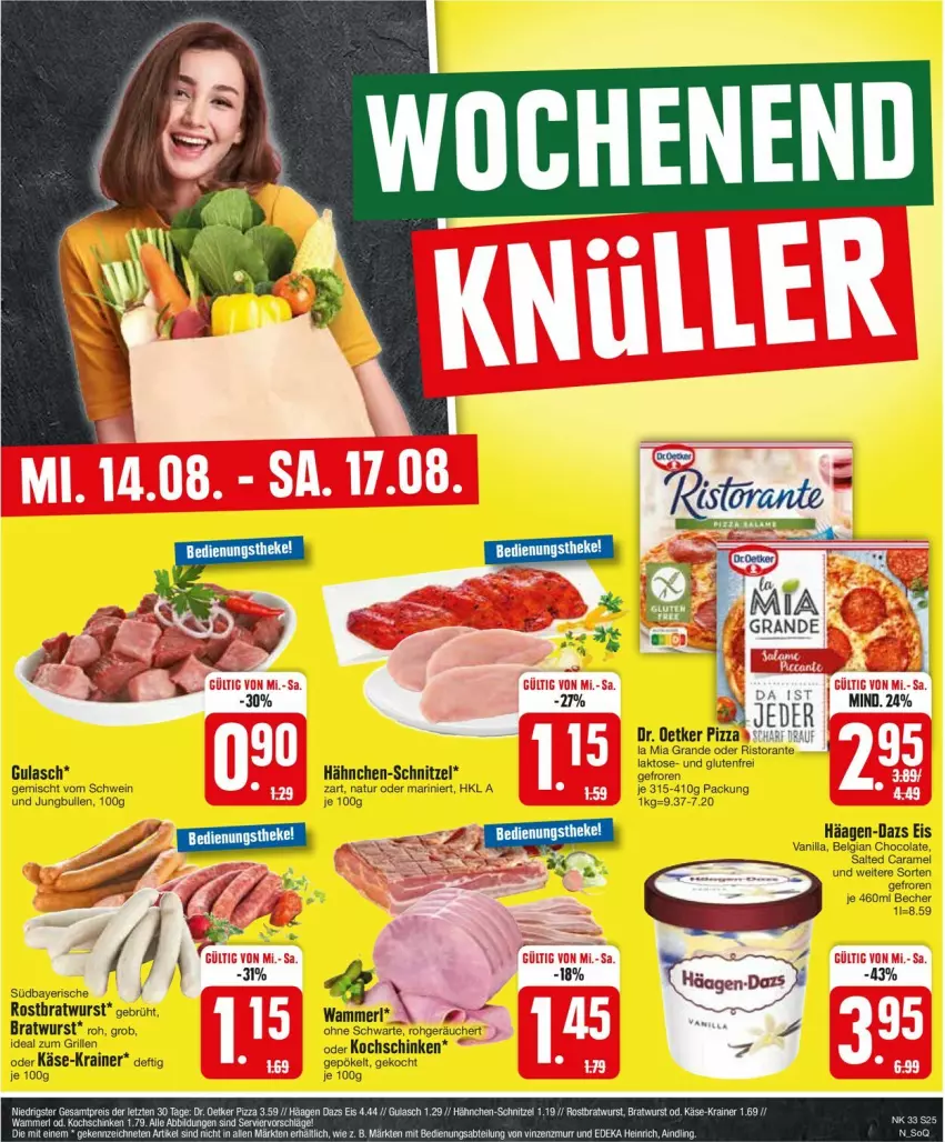 Aktueller Prospekt Edeka - Prospekte - von 12.08 bis 17.08.2024 - strona 27 - produkty: Becher, bratwurst, caramel, cola, Dr. Oetker, eis, gulasch, häagen-dazs, jungbullen, Käse, kochschinken, natur, pizza, ristorante, schinken, schnitzel, schwein, Ti, wein, wurst