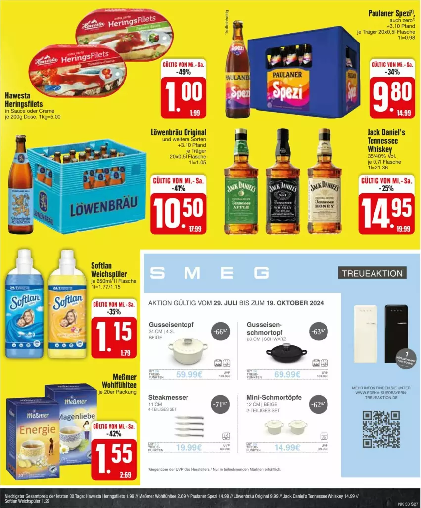 Aktueller Prospekt Edeka - Prospekte - von 12.08 bis 17.08.2024 - strona 29 - produkty: creme, deka, eis, filet, filets, flasche, gin, hawesta, hering, Herings, heringsfilets, jack daniel, jack daniel's, Meßmer, Paula, paulaner, reis, ring, sauce, Sofa, Softlan, Spezi, tee, tennessee whiskey, Ti, topf, weichspüler, whiskey, ZTE