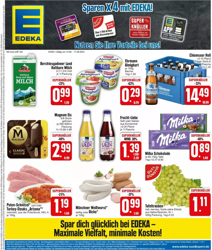 Aktueller Prospekt Edeka - Prospekte - von 12.08 bis 17.08.2024 - strona 3 - produkty: Becher, deka, ehrmann, eis, flasche, frucht, haltbare milch, magnum, milch, milka, milka schokolade, Nektar, pute, putenbrust, saft, schnitzel, schoko, schokolade, steak, steaks, Ti, Weißwurst, wurst