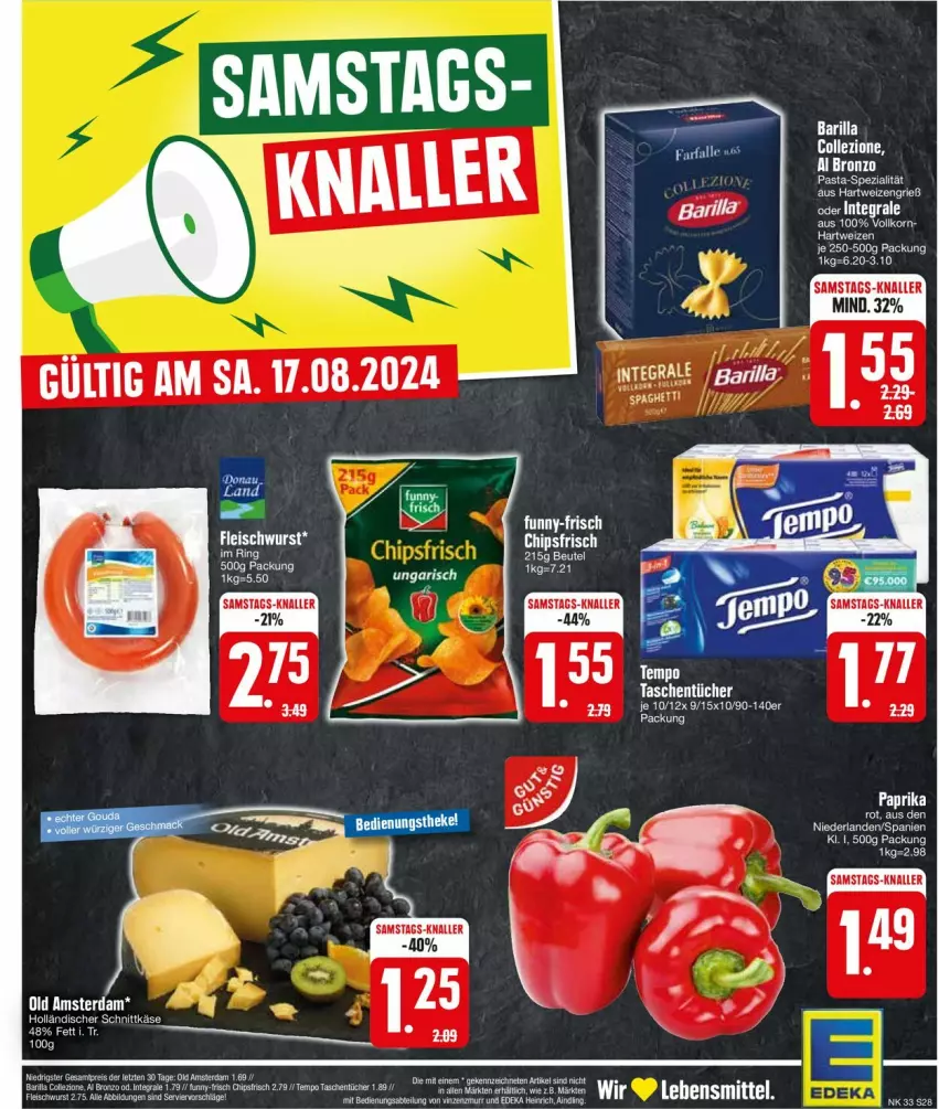 Aktueller Prospekt Edeka - Prospekte - von 12.08 bis 17.08.2024 - strona 30 - produkty: barilla, beutel, chips, chipsfrisch, eis, fleisch, fleischwurst, funny-frisch, hartweizen, holländischer schnittkäse, Käse, lebensmittel, paprika, schnittkäse, tee, Tempo, Ti, wurst