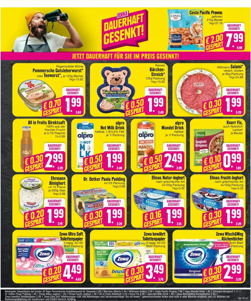 Aktueller Prospekt Edeka - Prospekte - von 12.08 bis 17.08.2024 - strona 9 - produkty: almighur, almighurt, alpro, Becher, beutel, Cif, direktsaft, Dr. Oetker, drink, ehrmann, ehrmann almighurt, elinas, flasche, frucht, gutsleberwurst, joghur, joghurt, joghurt nach, knorr, knorr fix, leberwurst, mandel, natur, Paula, paula pudding, Pommersche, prawns, pudding, saft, tee, teewurst, wurst, zewa