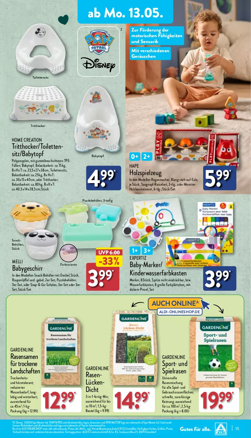 Aktueller Prospekt Aldi Nord - Von Montag - von 13.05 bis 18.05.2024 - strona 15 - produkty: aldi, aust, Bau, Behälter, beutel, decke, Deckel, dell, deo, disney, eis, elle, expertiz, gabel, geschirr, hocker, Holz, Kinder, LG, Löffel, mac, Mode, monster, ndk, Paw Patrol, Pinsel, Puzzle, rasen, Rauch, reis, rel, Ria, Schal, Schale, senf, snack, spielzeug, Sport, Ti, topf, wasser