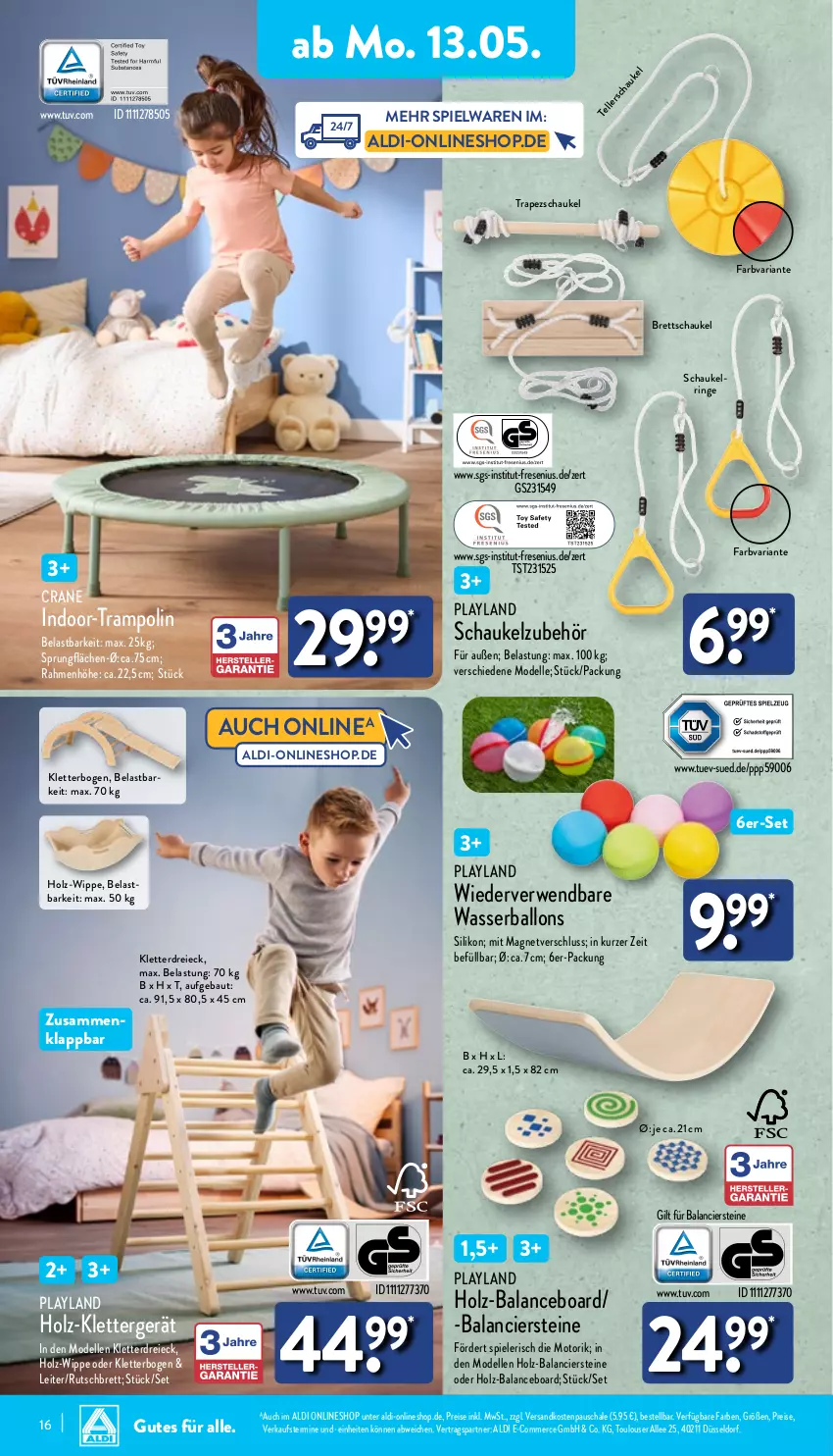 Aktueller Prospekt Aldi Nord - Von Montag - von 13.05 bis 18.05.2024 - strona 16 - produkty: aldi, ball, Bau, dell, eis, elle, Holz, Mode, ndk, reis, Ria, ring, rwe, Schal, Schale, Schaukel, Spiele, spielwaren, Ti, Trampolin, wasser, Wasserball, Wasserballons