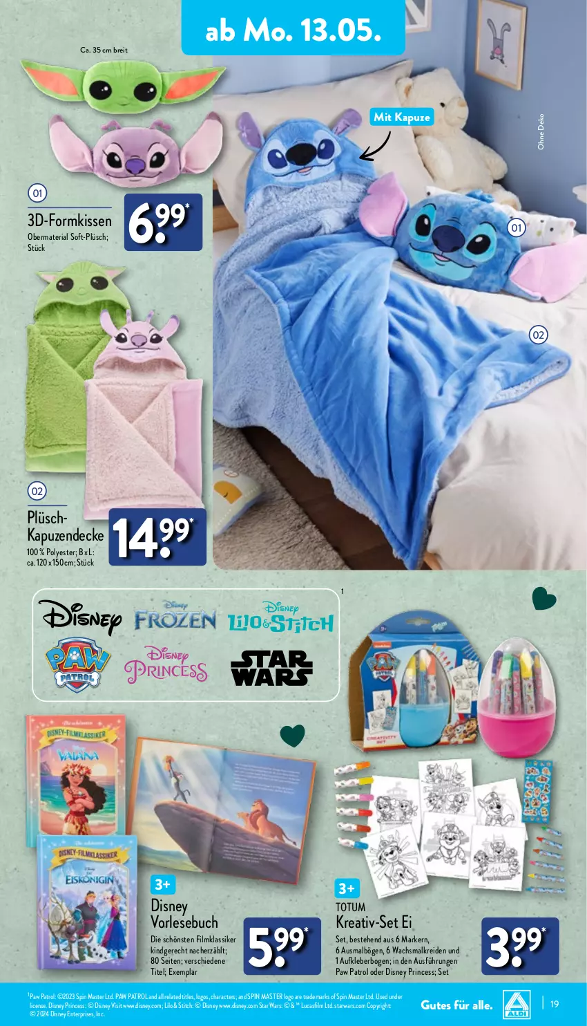 Aktueller Prospekt Aldi Nord - Von Montag - von 13.05 bis 18.05.2024 - strona 19 - produkty: Aufkleber, Brei, buch, decke, disney, ente, kissen, kleber, Kreide, Paw Patrol, Plüsch, rel, Ria, Ti