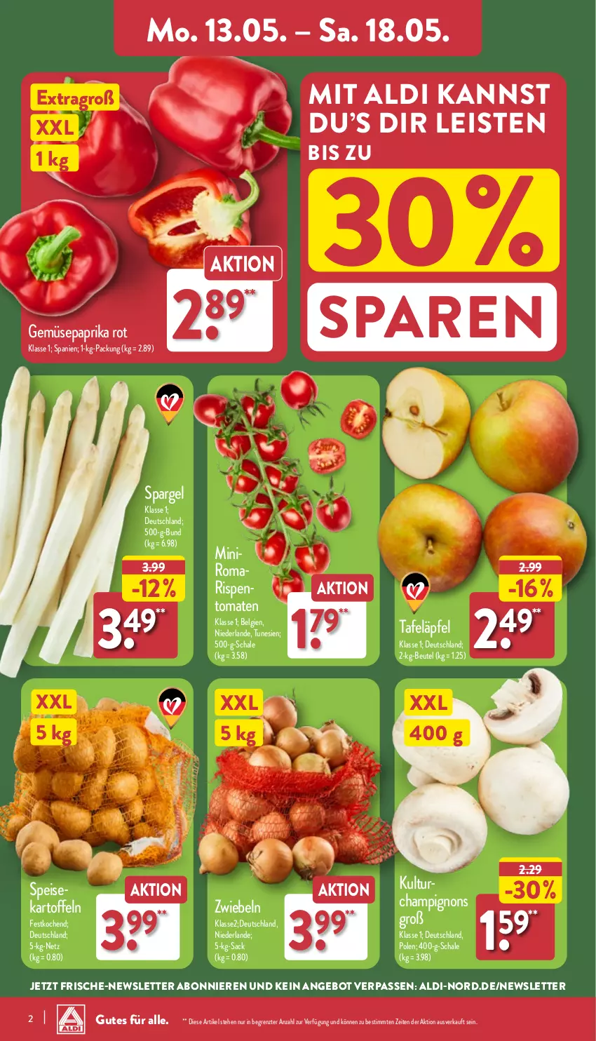 Aktueller Prospekt Aldi Nord - Von Montag - von 13.05 bis 18.05.2024 - strona 2 - produkty: aldi, angebot, beutel, champignon, champignons, eis, kartoffel, kartoffeln, LG, paprika, paprika rot, sac, Schal, Schale, spargel, tafeläpfel, Ti, tomate, tomaten, ZTE, zwiebel, zwiebeln