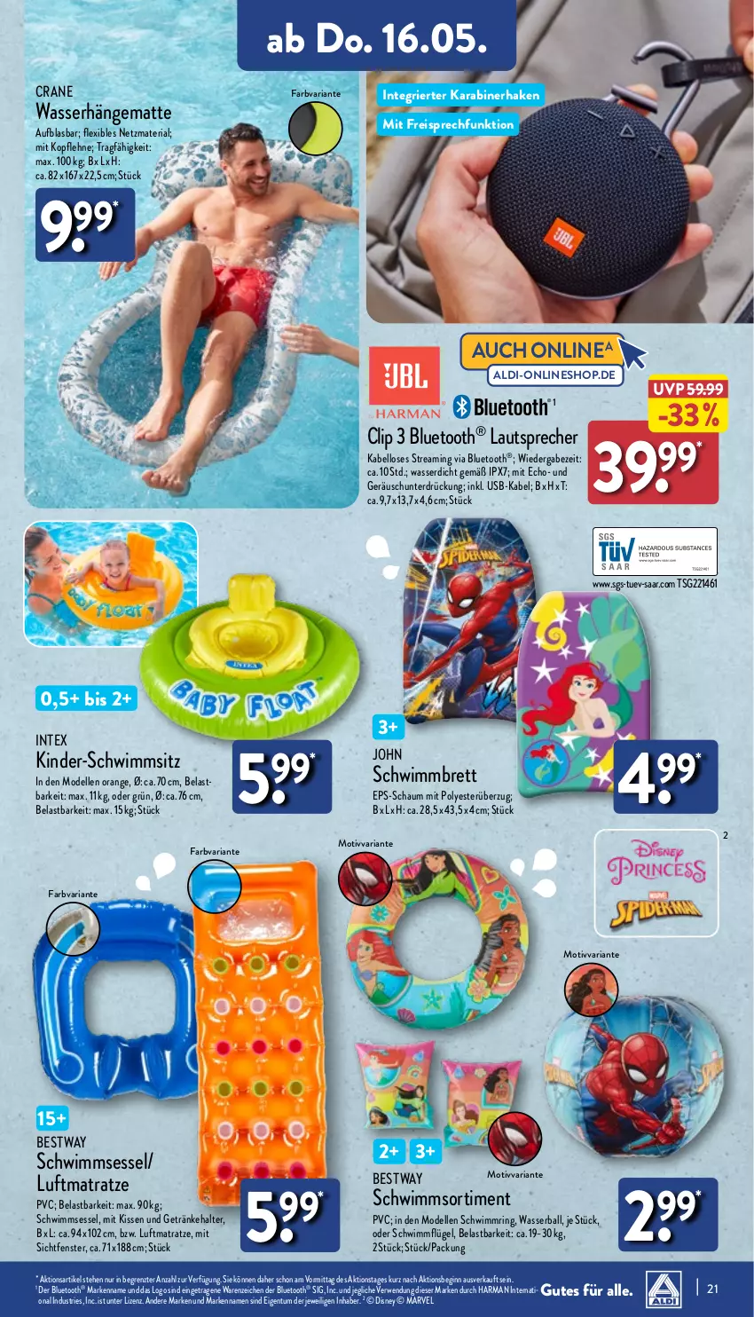 Aktueller Prospekt Aldi Nord - Von Montag - von 13.05 bis 18.05.2024 - strona 21 - produkty: aldi, ball, bestway, dell, disney, eis, elle, fenster, getränk, getränke, getränkehalter, gin, hängematte, harman, Kinder, kissen, lautsprecher, luftmatratze, matratze, Mode, orange, reis, Ria, ring, rwe, Schwimmflügel, schwimmring, Schwimmsitz, sessel, Ti, usb, wasser, Wasserball, ZTE