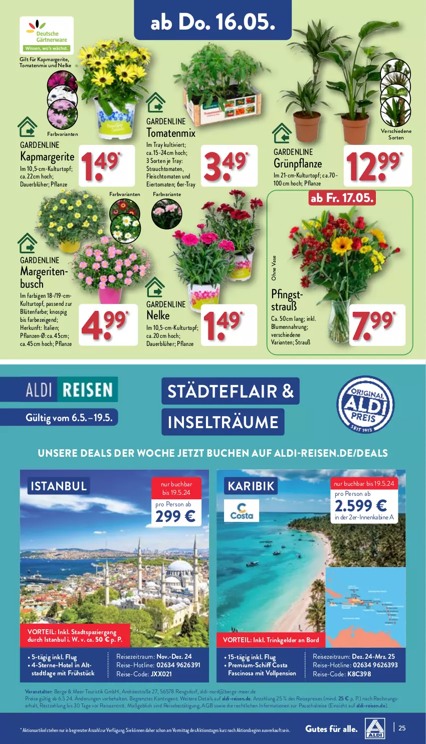 Aktueller Prospekt Aldi Nord - Von Montag - von 13.05 bis 18.05.2024 - strona 25 - produkty: aldi, auer, blume, blumen, Blüte, Brei, buch, cin, eier, eis, fleisch, gin, kulturtopf, pflanze, pflanzen, Rauch, reis, Ria, Schal, strauchtomaten, Ti, tomate, tomaten, topf, Vase, ZTE