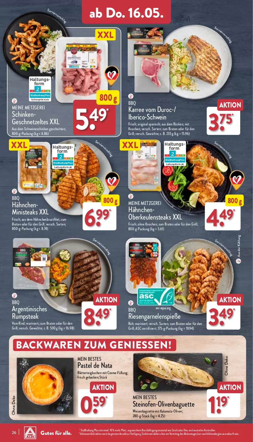 Aktueller Prospekt Aldi Nord - Von Montag - von 13.05 bis 18.05.2024 - strona 26 - produkty: aqua, backwaren, baguette, blätterteig, braten, brustfilet, creme, filet, garnelen, geback, geschnetzeltes, gin, grill, hähnchenbrust, hähnchenbrustfilet, Heu, kuchen, Ofen, olive, oliven, Ria, riesengarnelen, rind, rum, rumpsteak, schinken, schnitten, schwein, schweine, steak, steaks, steinofen, Ti, wein, weine, Zelt, ZTE