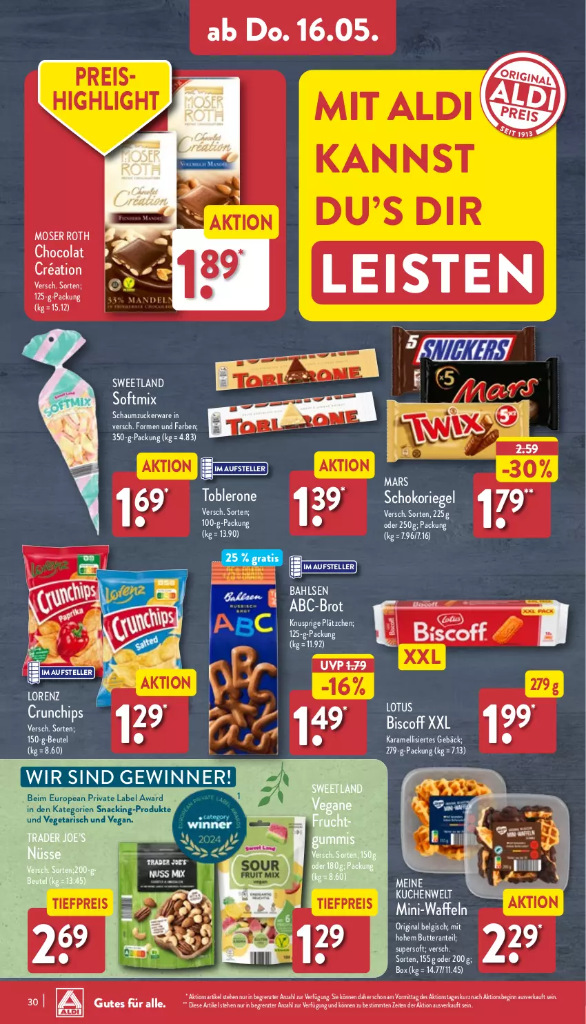 Aktueller Prospekt Aldi Nord - Von Montag - von 13.05 bis 18.05.2024 - strona 30 - produkty: aldi, bahlsen, beutel, biscoff, brot, butter, chips, cola, crunchips, eis, elle, frucht, gin, karamell, kuchen, Lätzche, LG, lorenz, mars, moser, Moser Roth, reis, riegel, Schaumzucker, schoko, schokoriegel, snack, Sweetland, teller, Ti, tiefpreis, toblerone, Vegeta, waffeln, ZTE, zucker