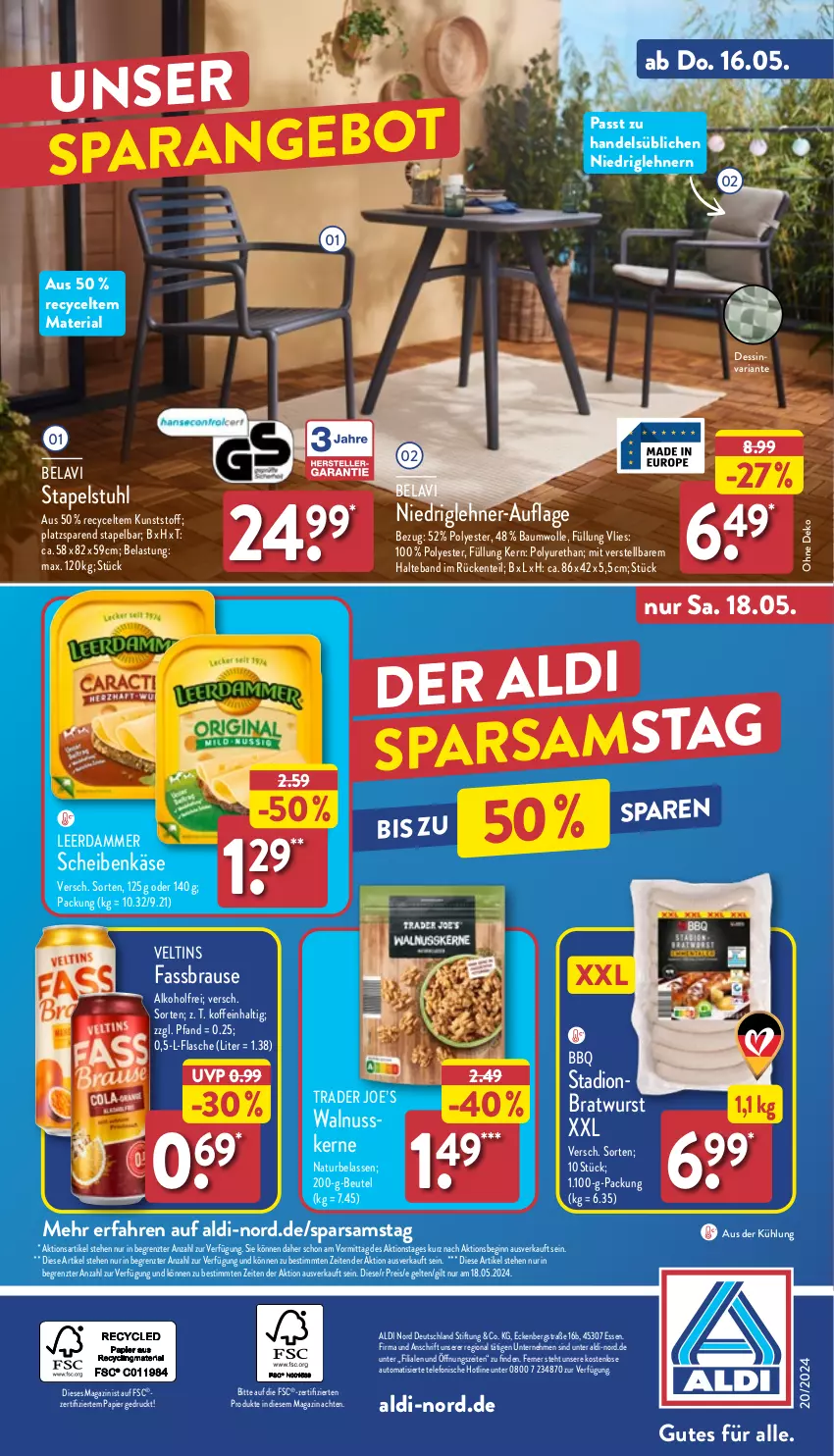 Aktueller Prospekt Aldi Nord - Von Montag - von 13.05 bis 18.05.2024 - strona 41 - produkty: aldi, alkohol, auto, Bau, baumwolle, beutel, bratwurst, brause, eis, ente, fassbrause, flasche, gin, Käse, leerdammer, magazin, natur, nuss, papier, reis, Ria, stapelstuhl, stuhl, telefon, Ti, veltins, walnuss, walnusskerne, wolle, wurst, ZTE