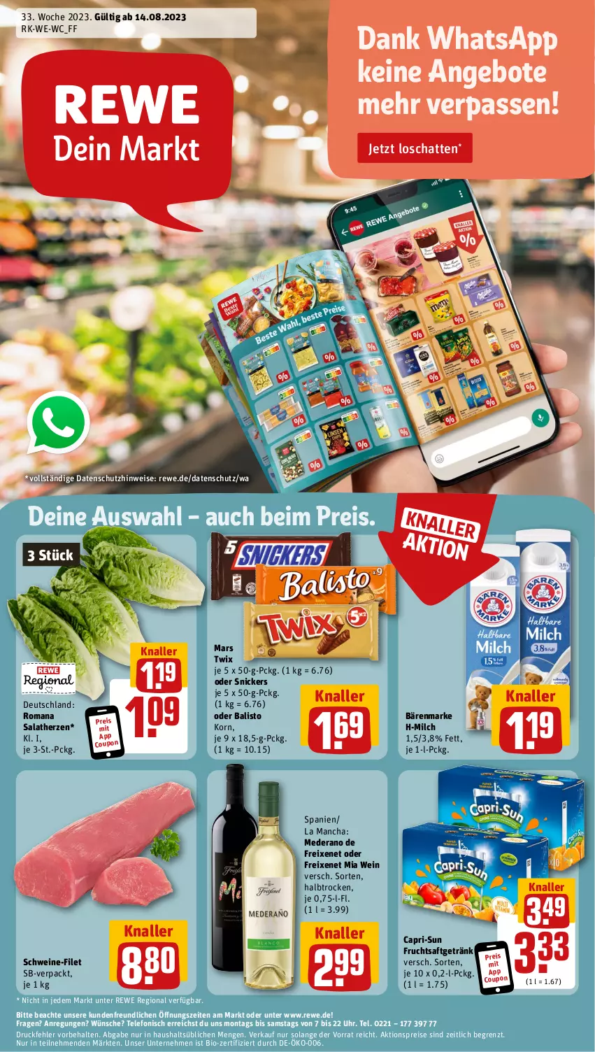 Aktueller Prospekt Rewe - Prospekte - von 14.08 bis 19.08.2023 - strona 1 - produkty: aktionspreis, angebot, angebote, balisto, bärenmarke, bio, Cap, capri-sun, coupon, eis, filet, freixenet, frucht, fruchtsaft, fruchtsaftgetränk, getränk, korn, mars, milch, reis, saft, salat, salatherzen, schwein, schweine, schweine-filet, snickers, telefon, Ti, twix, uhr, wein, weine