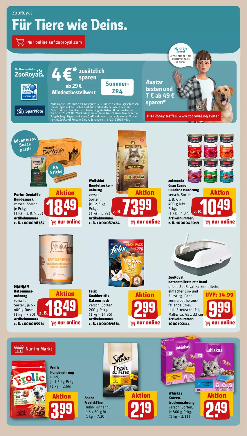 Aktueller Prospekt Rewe - Prospekte - von 14.08 bis 19.08.2023 - strona 13 - produkty: angebot, angebote, felix, frolic, gutschein, gutscheine, hundenahrung, hundesnack, Hundetrockennahrung, katzensnack, Nassnahrung, purina, rind, sheba, snack, Ti, Tiere, Trockennahrung, truthahn, whiskas