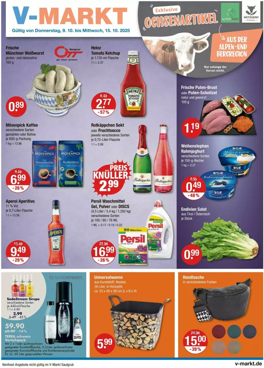 Aktueller Prospekt Vmarkt - Prospekte - von 09.10 bis 15.10.2025 - strona 1 - produkty: angebot, angebote, Becher, bohne, ecco, eier, flasche, frucht, fruchtsecco, gewürz, joghur, joghurt, kaffee, LG, mövenpick, mövenpick kaffee, natur, persil, persil waschmittel, pute, rahmjoghurt, rotkäppchen, salat, sekt, sirup, Soda, sodastream, Ti, waschmittel, weihenstephan