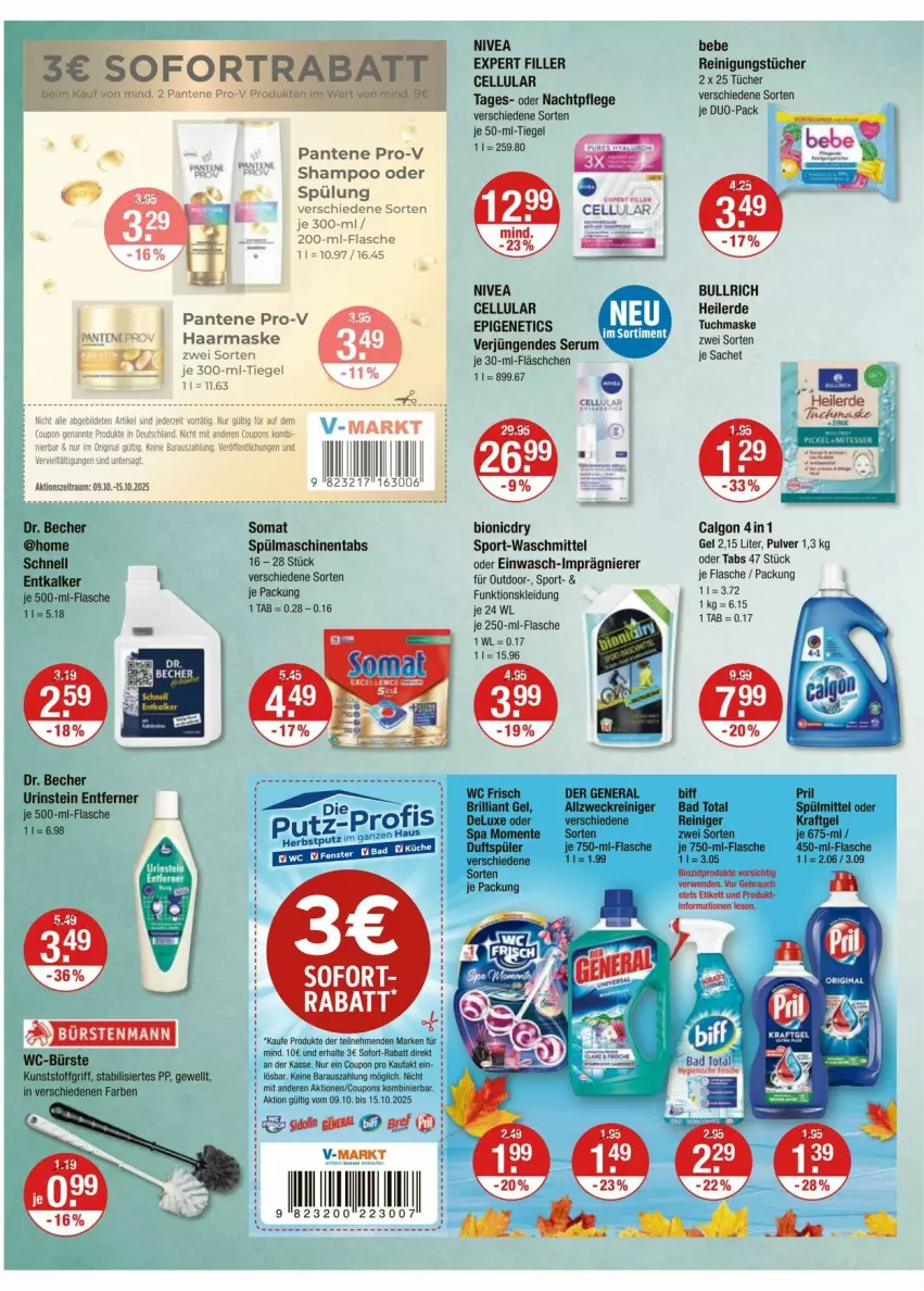 Aktueller Prospekt Vmarkt - Prospekte - von 09.10 bis 15.10.2025 - strona 10 - produkty: allzweckreiniger, Bad, Bebe, bio, bürste, bürsten, bürstenmann, calgon, coupon, coupons, ente, erde, flasche, kleid, Kleidung, LG, Maske, nachtpflege, nivea, pantene, pantene pro-v, pro-v, reiniger, Reinigung, reinigungstücher, rum, sac, Serum, shampoo, shampoo oder spülung, somat, Sport, spülmaschinen, spülmaschinentabs, spülmittel, spülung, tee, Ti, tuc, tücher, tuchmaske, waschmittel, WC-Bürste, weck