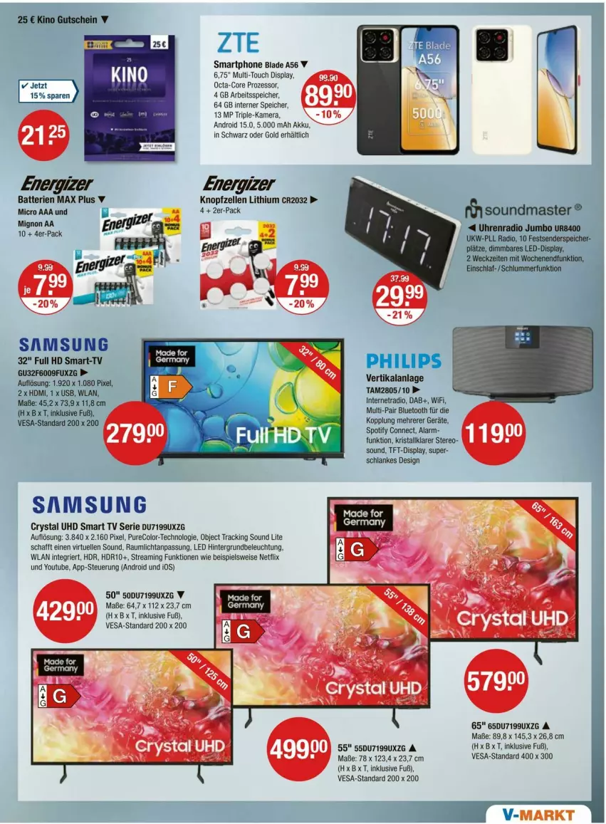 Aktueller Prospekt Vmarkt - Prospekte - von 09.10 bis 15.10.2025 - strona 13 - produkty: akku, batterie, batterien, beleuchtung, eis, elle, enders, energizer, gutschein, HDMI, jumbo, kamera, octa-core prozessor, Radio, Samsung, smart tv, smartphone, Ti, uhd, uhr, usb, weck, Yo