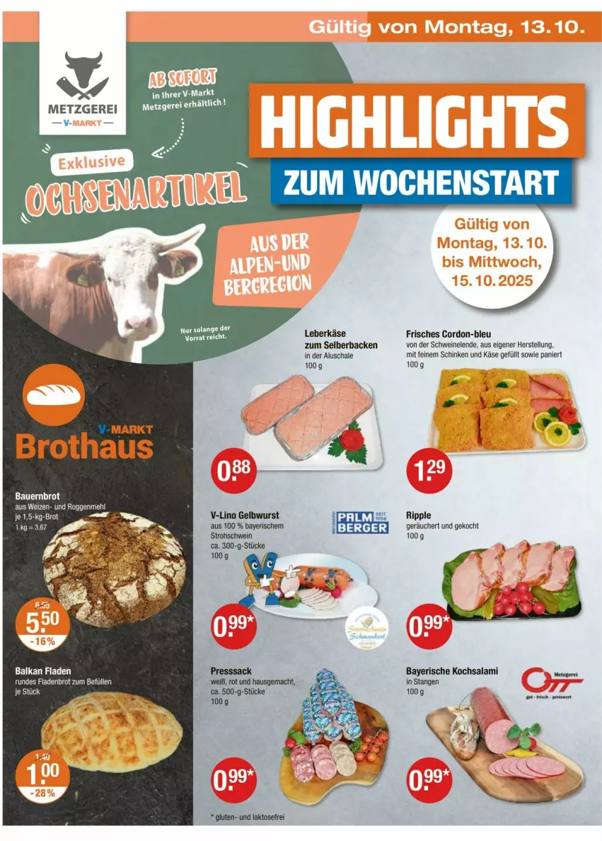 Aktueller Prospekt Vmarkt - Prospekte - von 09.10 bis 15.10.2025 - strona 18 - produkty: auer, Bau, Bauer, brot, Fladenbrot, Käse, leberkäs, leberkäse, mac, mehl, presssack, sac, salami, Schal, Schale, schinken, schwein, schweine, wein, weine, wurst