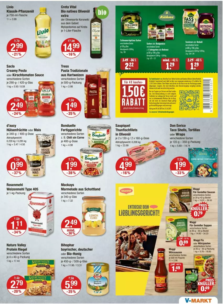 Aktueller Prospekt Vmarkt - Prospekte - von 09.10 bis 15.10.2025 - strona 7 - produkty: beutel, bihophar, bio, bonduelle, chili, creta vital, decke, elle, fertiggericht, fertiggerichte, filet, filets, fisch, flasche, früchte, hartweizen, honig, hülsenfrüchte, in olivenöl, je 1-liter-flasche, kirsch, mac, maggi, maggi fix, mais, marmelade, mehl, natives olivenöl, natur, olive, oliven, olivenöl, pasta, pesto, pflanze, pflanzen, Pflanzenöl, riegel, rosen, Rosenmehl, sac, sauce, saupiquet, schott, senf, suppe, suppen, Taco Shells, thunfisch, Ti, tomate, tomaten, tortilla, tortillas, tradizionale, type 405, vita, weizenmehl, wrap, wraps