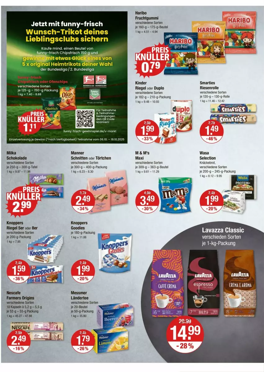 Aktueller Prospekt Vmarkt - Prospekte - von 09.10 bis 15.10.2025 - strona 8 - produkty: beutel, brot, chips, chipsfrisch, duplo, ente, frucht, fruchtgummi, funny-frisch, gin, haribo, Kinder, kinder riegel, knäckebrot, knoppers, Ländertee, Manner, milka, nescafe, riegel, schnitten, schoko, schokolade, smarties, tee, Ti, Törtchen, Trikot, wasa, weka