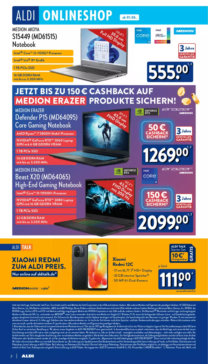 Aktueller Prospekt Aldi Nord - ALDI Multimedia - von 01.06 bis 30.06.2023 - strona 2 - produkty: aldi, aldi talk, alle artikel ohne dekoration, angebot, angebote, auer, aust, auto, Bau, Betriebssystem, dekoration, deo, eis, elle, erde, gaming notebook, geforce, gin, gtx, hardware, Intel, kamera, Laptop, LG, Liege, medion, Medion Akoya, ndk, notebook, nvidia, radeon, Razer, reis, ring, rtx, rwe, ryzen, Schal, Schale, Software, ssd, Ti, Tiere, tisch, uhr, versandkostenfrei