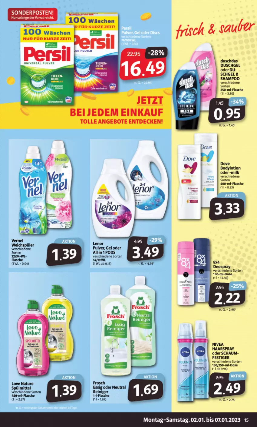 Aktueller Prospekt Markant - Prospekte - von 02.01 bis 07.01.2023 - strona 15 - produkty: angebot, angebote, body, bodylotion, decke, deo, dove, essig, flasche, Frosch, haarspray, lenor, lenor weichspüler, Lotion, natur, nivea, Pods, reiniger, shampoo, sonderposten, spülmittel, Ti, universal pulver, weichspüler