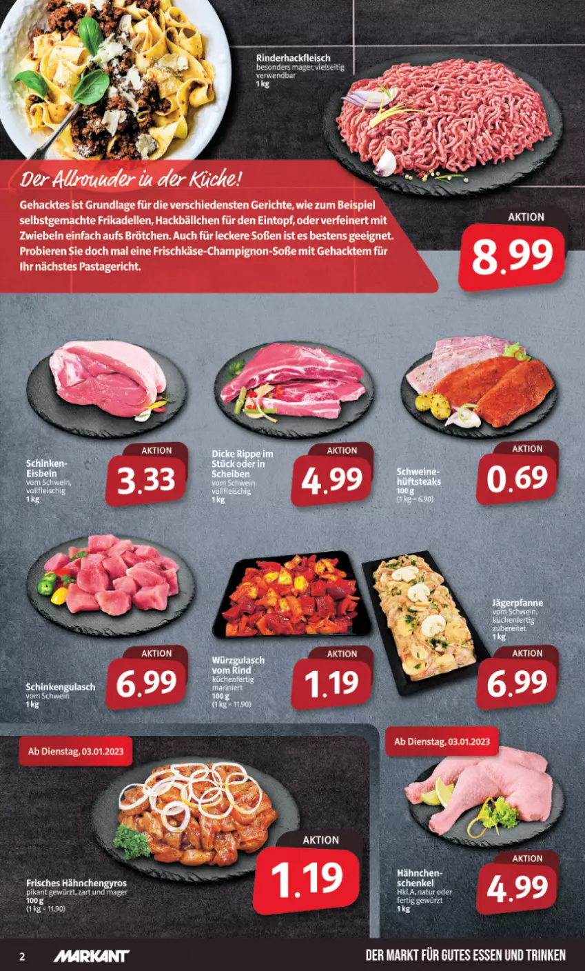 Aktueller Prospekt Markant - Prospekte - von 02.01 bis 07.01.2023 - strona 2 - produkty: bier, Biere, brötchen, champignon, dell, eintopf, eis, elle, frikadellen, frischkäse, gewürz, gutes essen, Käse, küche, mac, pasta, Pastagericht, rwe, Soße, Ti, topf, zwiebel, zwiebeln