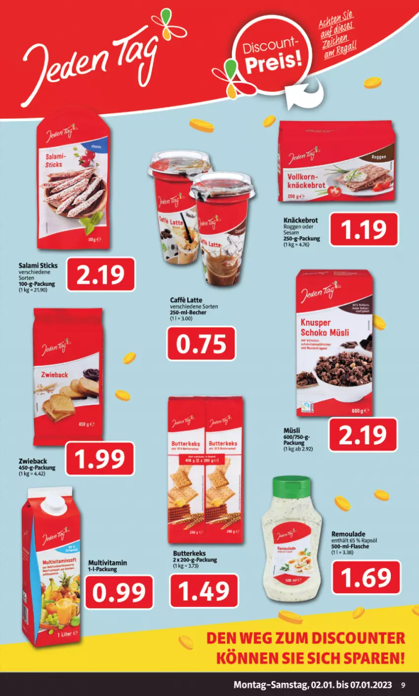 Aktueller Prospekt Markant - Prospekte - von 02.01 bis 07.01.2023 - strona 9 - produkty: butter, butterkeks, caffe, flasche, keks, latte, rapsöl, remoulade, salami, Ti