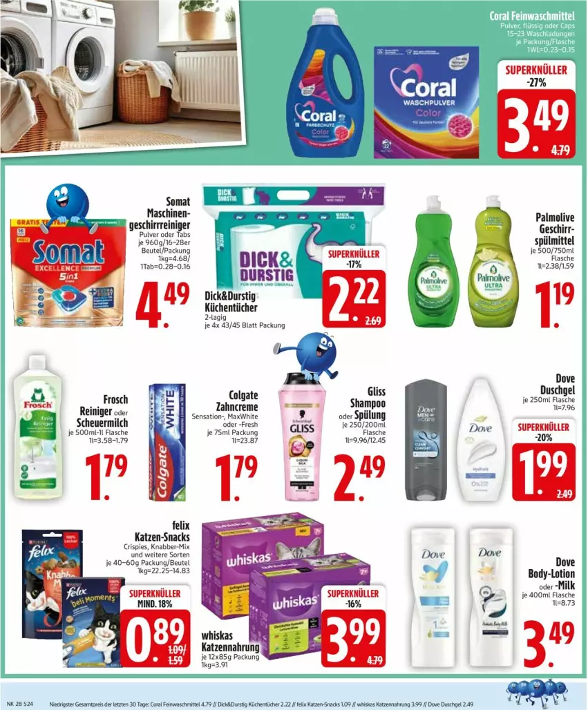 Aktueller Prospekt Edeka - Prospekte - von 07.07 bis 12.07.2025 - strona 26 - produkty: beutel, body, colgate, dove, duschgel, felix, flasche, Frosch, geschirr, gliss, Heu, katzennahrung, kuchen, LG, Lotion, milch, olive, palmolive, reiniger, scheuermilch, shampoo, snack, snacks, somat, spülmittel, spülung, Ti, tücher, whiskas