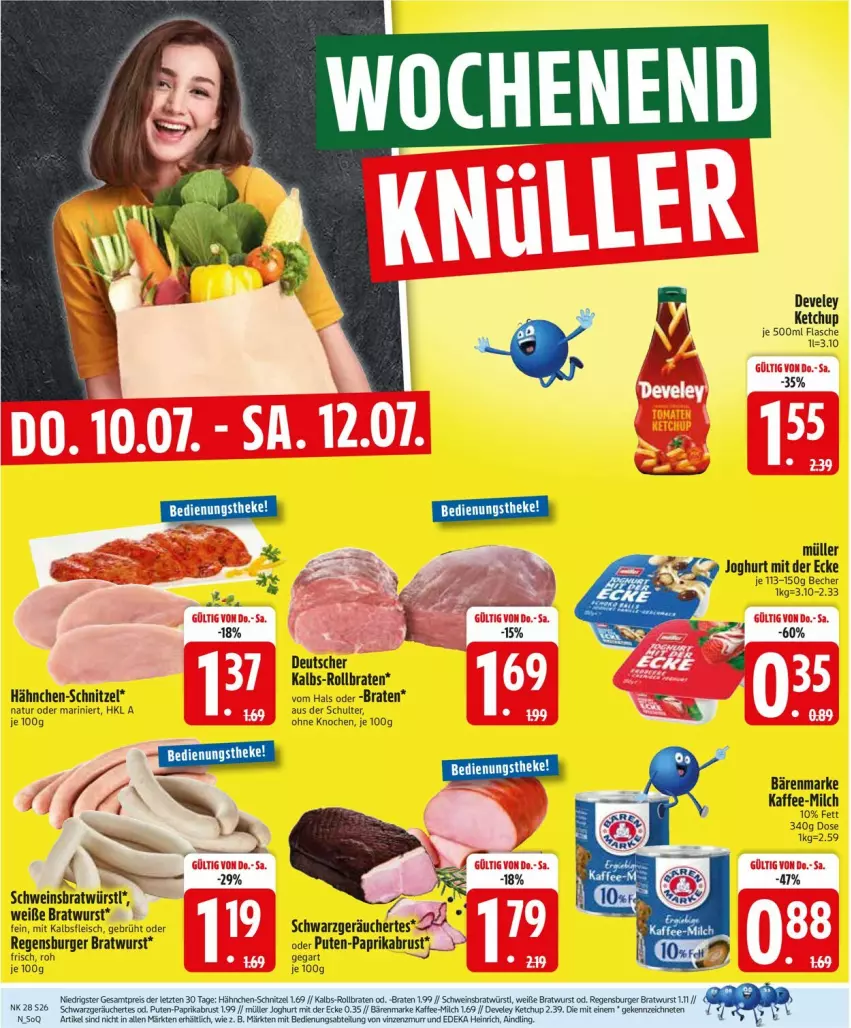 Aktueller Prospekt Edeka - Prospekte - von 07.07 bis 12.07.2025 - strona 28 - produkty: bärenmarke, Becher, braten, bratwurst, bsf, burger, develey, eis, flasche, fleisch, joghur, joghurt, joghurt mit der ecke, kaffee, ketchup, milch, Müller, natur, paprika, pute, regensburger, rollbraten, schnitzel, schwein, wein, wurst, ZTE