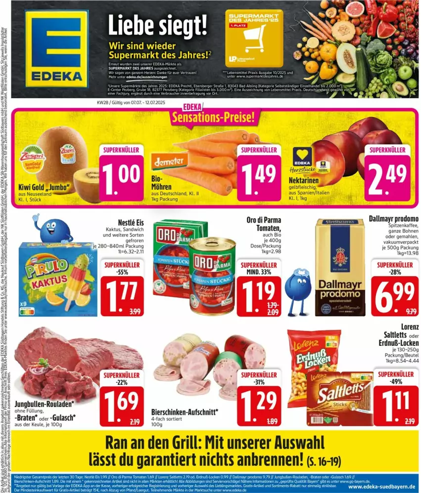 Aktueller Prospekt Edeka - Prospekte - von 07.07 bis 12.07.2025 - strona 3 - produkty: aufschnitt, beutel, bier, bierschinken, bio, bohne, bohnen, braten, dallmayr, dallmayr prodomo, eis, Elan, fleisch, grill, gulasch, jumbo, jungbullen, kaffee, kiwi, Kiwi Gold, lorenz, möhren, Nektar, nektarinen, oro di parma, prodomo, rouladen, saltletts, sandwich, schinken, Ti, tomate, tomaten