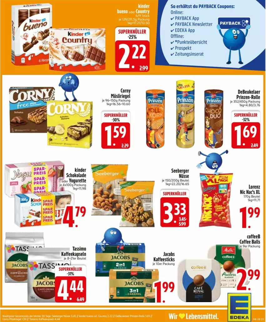 Aktueller Prospekt Edeka - Prospekte - von 07.07 bis 12.07.2025 - strona 7 - produkty: ball, Berger, beutel, corny, coupon, coupons, debeukelaer, deka, jacobs, kaffee, kaffeekapseln, Kinder, müsli, Müsliriegel, payback, riegel, seeberger, sim, tassimo, Ti, Yo, yogurette