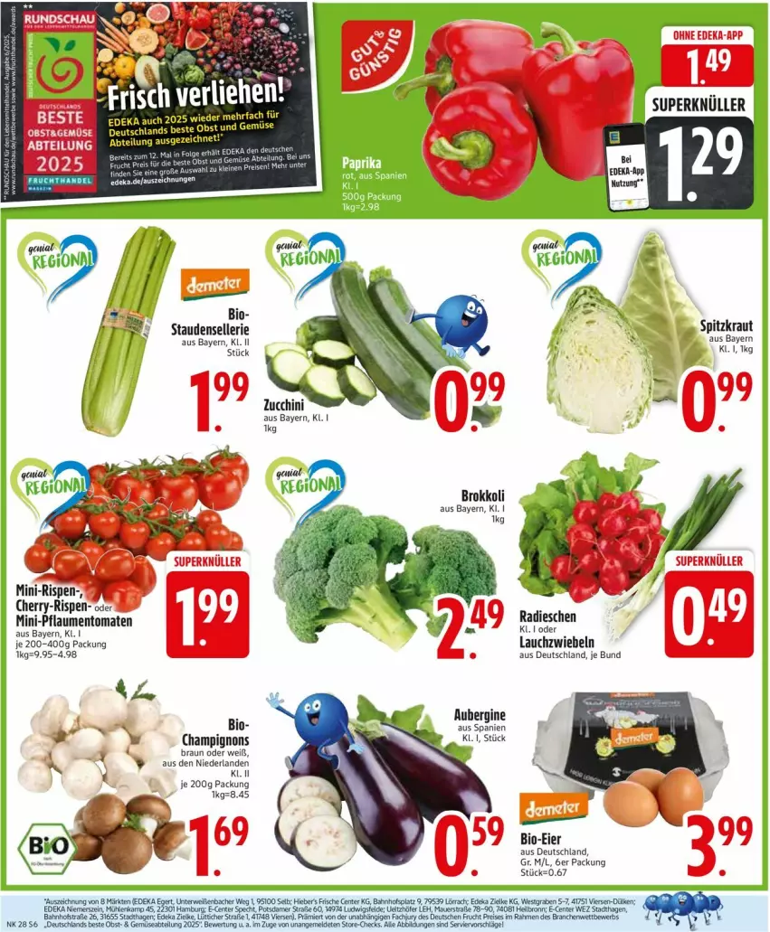 Aktueller Prospekt Edeka - Prospekte - von 07.07 bis 12.07.2025 - strona 8 - produkty: Abtei, aubergine, auer, bio, braun, brokkoli, champignon, champignons, deka, eier, elle, ente, gin, K2, Kraut, Lauchzwiebel, lauchzwiebeln, obst, pflaume, pflaumen, radieschen, stauden, Ti, tomate, tomaten, zucchini, zwiebel, zwiebeln