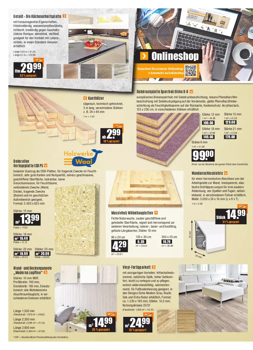 Aktueller Prospekt Vmarkt - V-Baumarkt - von 28.07 bis 03.08.2022 - strona 6 - produkty: arbeitsplatte, asti, Bau, braun, Brei, brie, decke, eis, elle, ente, Fertigparkett, Holz, kleid, küche, Küchen, lack, latte, lebensmittel, massivholz, möbel, Mode, natur, paneel, reiniger, reis, säge, Schal, teller, Ti, tisch, wasser, weck, ZTE