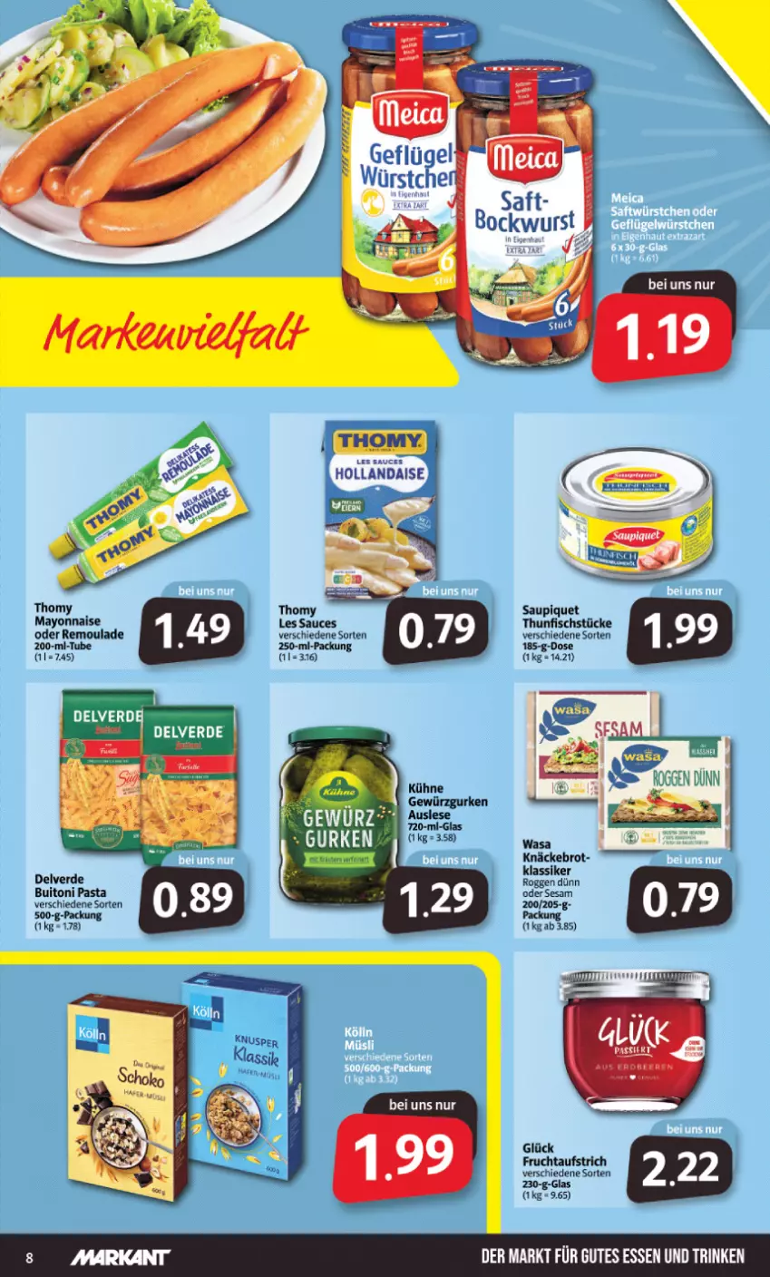 Aktueller Prospekt Markant - Prospekte - von 25.07 bis 30.07.2022 - strona 8 - produkty: aufstrich, bockwurst, brot, buitoni, buitoni pasta, erde, fisch, frucht, fruchtaufstrich, gewürz, Gewürzgurke, gewürzgurken, gurke, gurken, hollandaise, knäckebrot, Kühne, mayonnaise, pasta, remoulade, saft, sauce, saupiquet, sesam, thomy, thomy les sauces, thunfisch, wurst, Yo