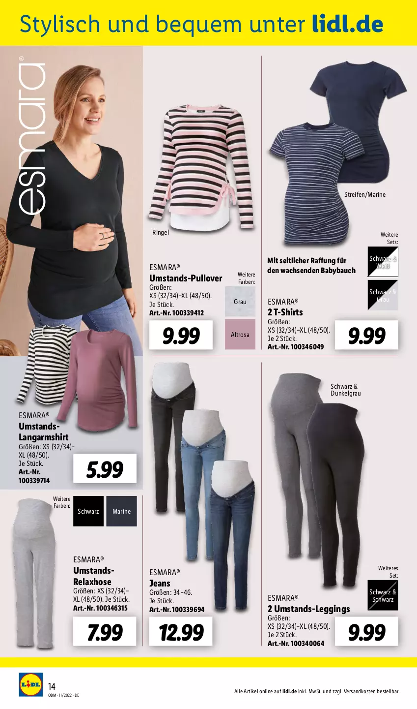 Aktueller Prospekt Lidl - Aktuelle Onlineshop-Highlights - von 01.11 bis 30.11.2022 - strona 14 - produkty: Bau, esmara, gin, hose, jeans, Langarmshirt, leggings, LG, ndk, Pullover, reifen, rel, ring, schnitten, shirt, shirts, T-Shirt, Ti