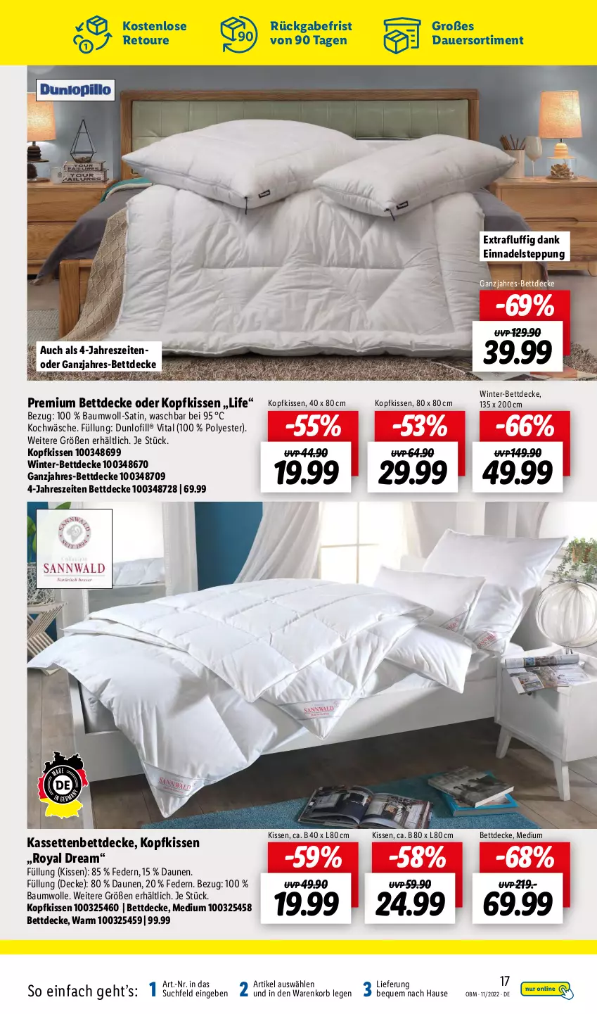 Aktueller Prospekt Lidl - Aktuelle Onlineshop-Highlights - von 01.11 bis 30.11.2022 - strona 17 - produkty: auer, Bau, baumwolle, bett, decke, kissen, kopfkissen, korb, Ti, vita, wolle