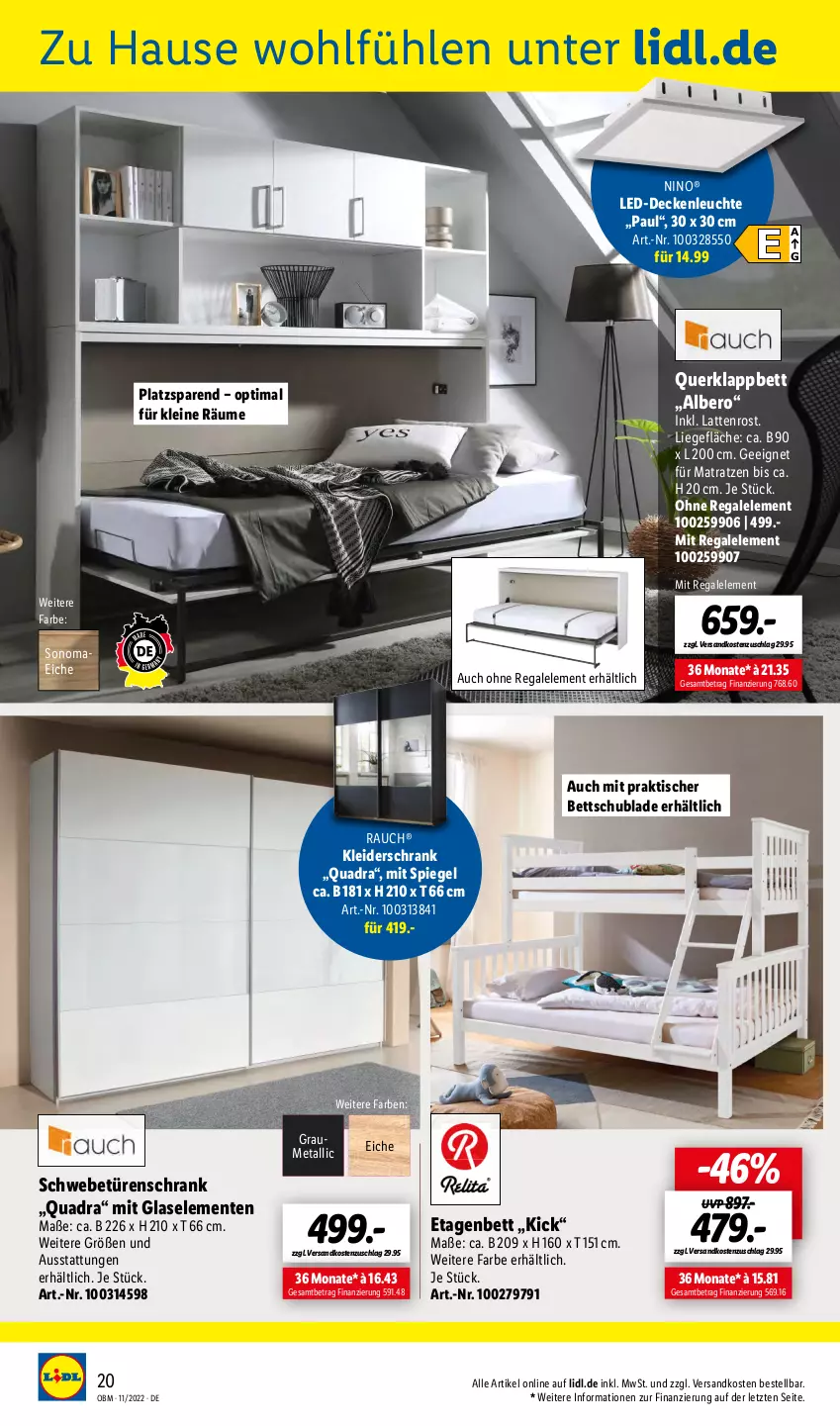 Aktueller Prospekt Lidl - Aktuelle Onlineshop-Highlights - von 01.11 bis 30.11.2022 - strona 20 - produkty: bett, decke, deckenleuchte, ente, Etagenbett, kleid, kleider, kleiderschrank, latte, lattenrost, led-deckenleuchte, leine, Leuchte, Liege, matratze, matratzen, ndk, quad, Rauch, regal, Schrank, schwebetürenschrank, spiegel, Ti, tisch, türenschrank, ZTE