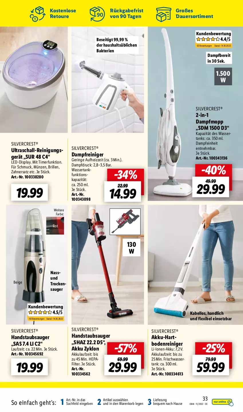 Aktueller Prospekt Lidl - Aktuelle Onlineshop-Highlights - von 01.11 bis 30.11.2022 - strona 33 - produkty: akku, auer, Brille, dampfreiniger, handstaubsauger, Hartbodenreiniger, korb, reiniger, Reinigung, ring, Schal, Schmuck, silvercrest, staubsauger, Ti, timer, Trockensauger, wasser, wassertank