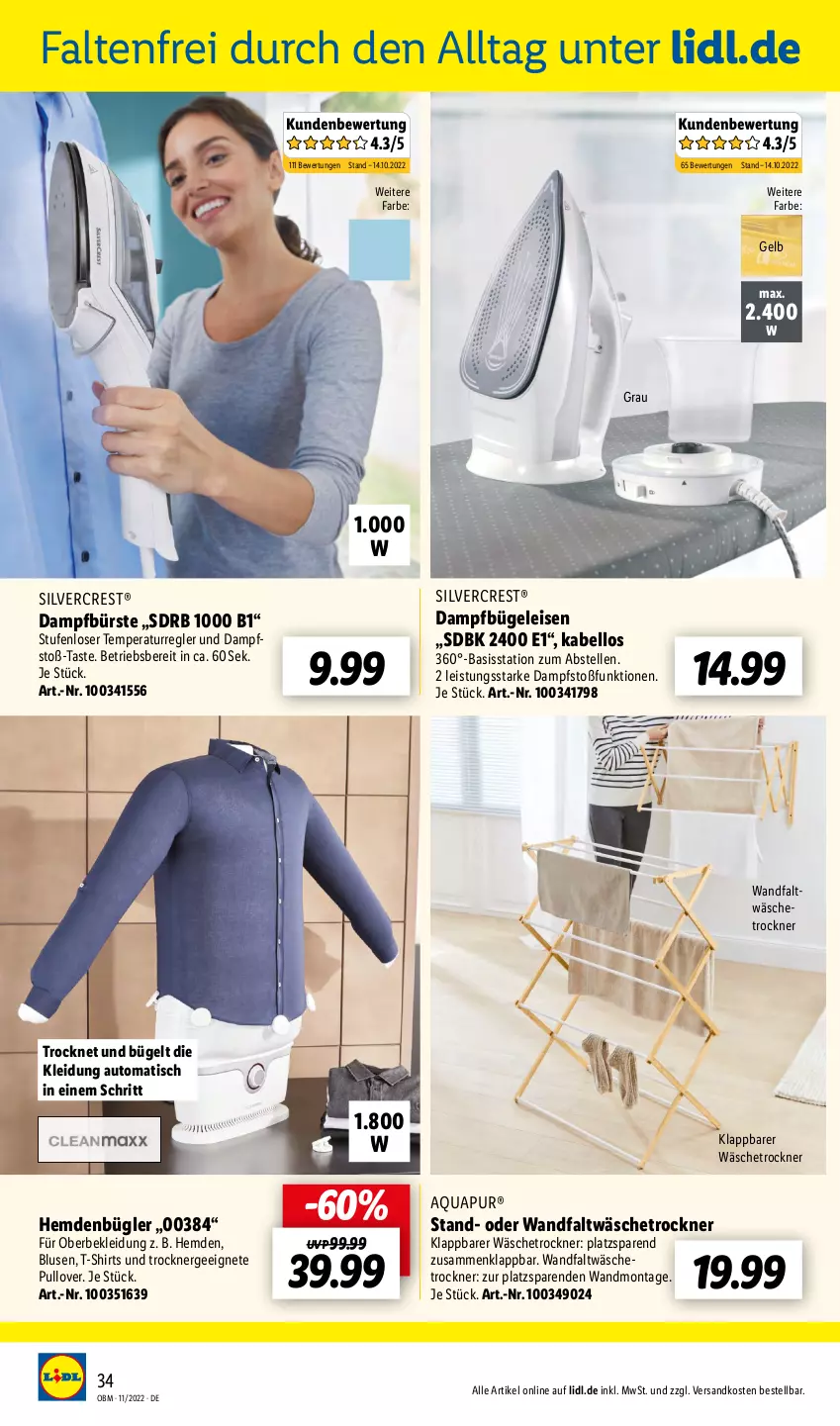 Aktueller Prospekt Lidl - Aktuelle Onlineshop-Highlights - von 01.11 bis 30.11.2022 - strona 34 - produkty: aqua, AquaPur, auto, bluse, bügel, Bügeleisen, bürste, dampfbügeleisen, eis, elle, Ergee, hemd, hemden, kleid, Kleidung, ndk, Pullover, shirt, shirts, silvercrest, T-Shirt, Ti, tisch, Trockner, wäschetrockner