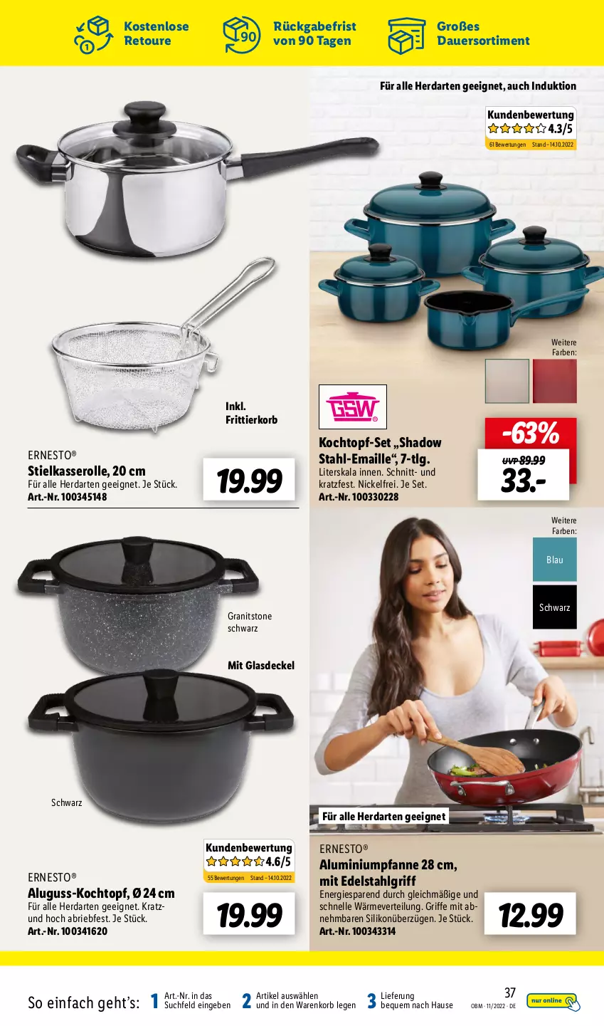 Aktueller Prospekt Lidl - Aktuelle Onlineshop-Highlights - von 01.11 bis 30.11.2022 - strona 37 - produkty: auer, brie, decke, Deckel, edelstahl, elle, ernesto, Frittierkorb, Glasdeckel, herdarten, Kochtopf, korb, LG, maille, pfanne, stielkasserolle, Ti, topf, topf-set