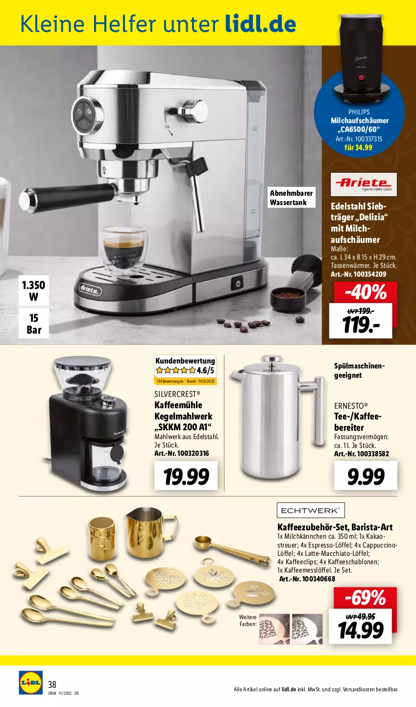 Aktueller Prospekt Lidl - Aktuelle Onlineshop-Highlights - von 01.11 bis 30.11.2022 - strona 38 - produkty: ACC, Cap, cappuccino, chia, cin, dell, edelstahl, ernesto, espresso, kaffee, kaffeebereiter, Kaffeemühle, kakao, latte, leine, Löffel, mac, macchiato, milch, milchaufschäumer, ndk, Philips, silvercrest, spülmaschinen, tasse, tee, Ti, wasser, wassertank