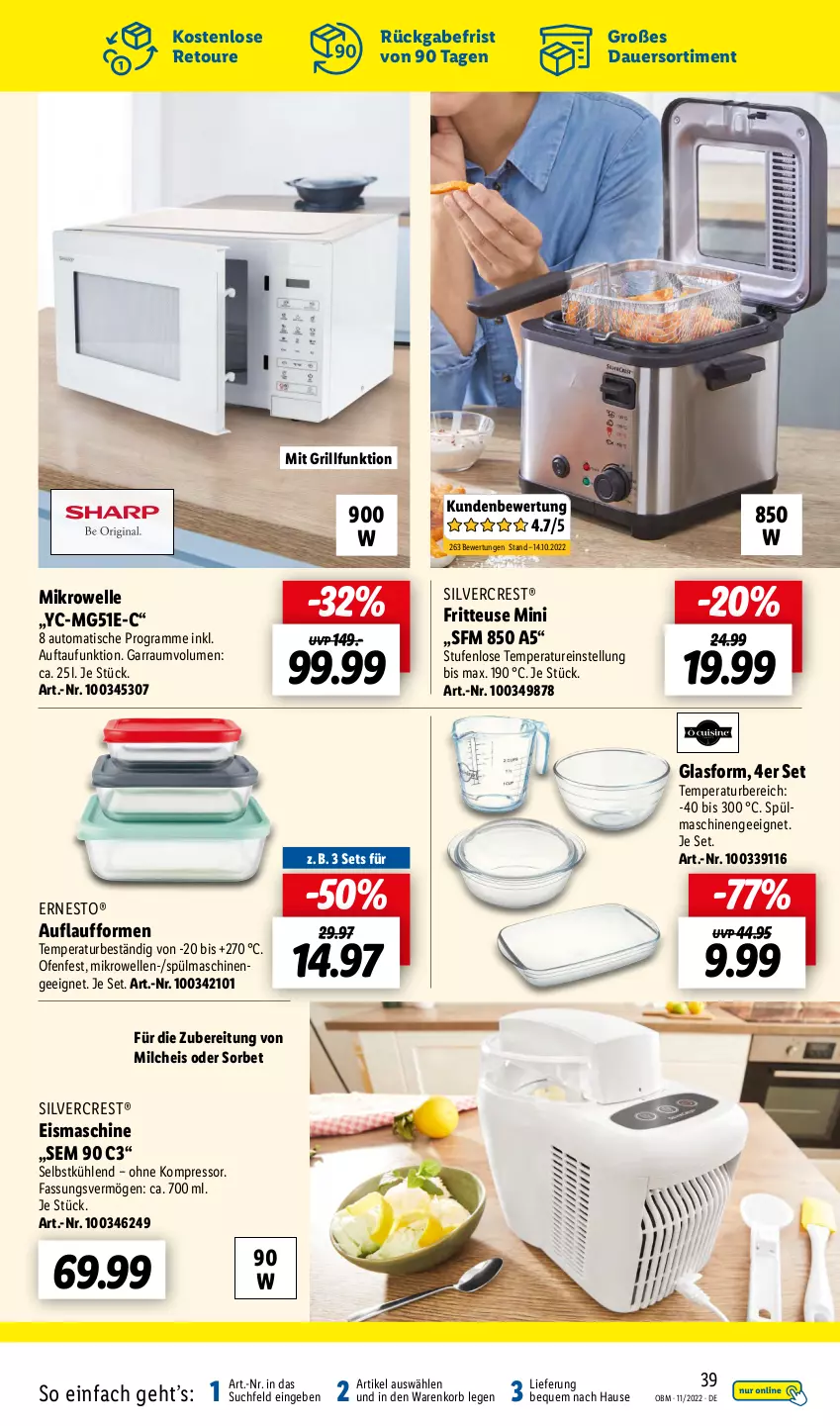 Aktueller Prospekt Lidl - Aktuelle Onlineshop-Highlights - von 01.11 bis 30.11.2022 - strona 39 - produkty: auer, auto, eis, eismaschine, elle, ernesto, fritteuse, garraum, grill, kompressor, korb, mikrowelle, milch, Ofen, silvercrest, Sorbet, spülmaschinen, Ti, tisch