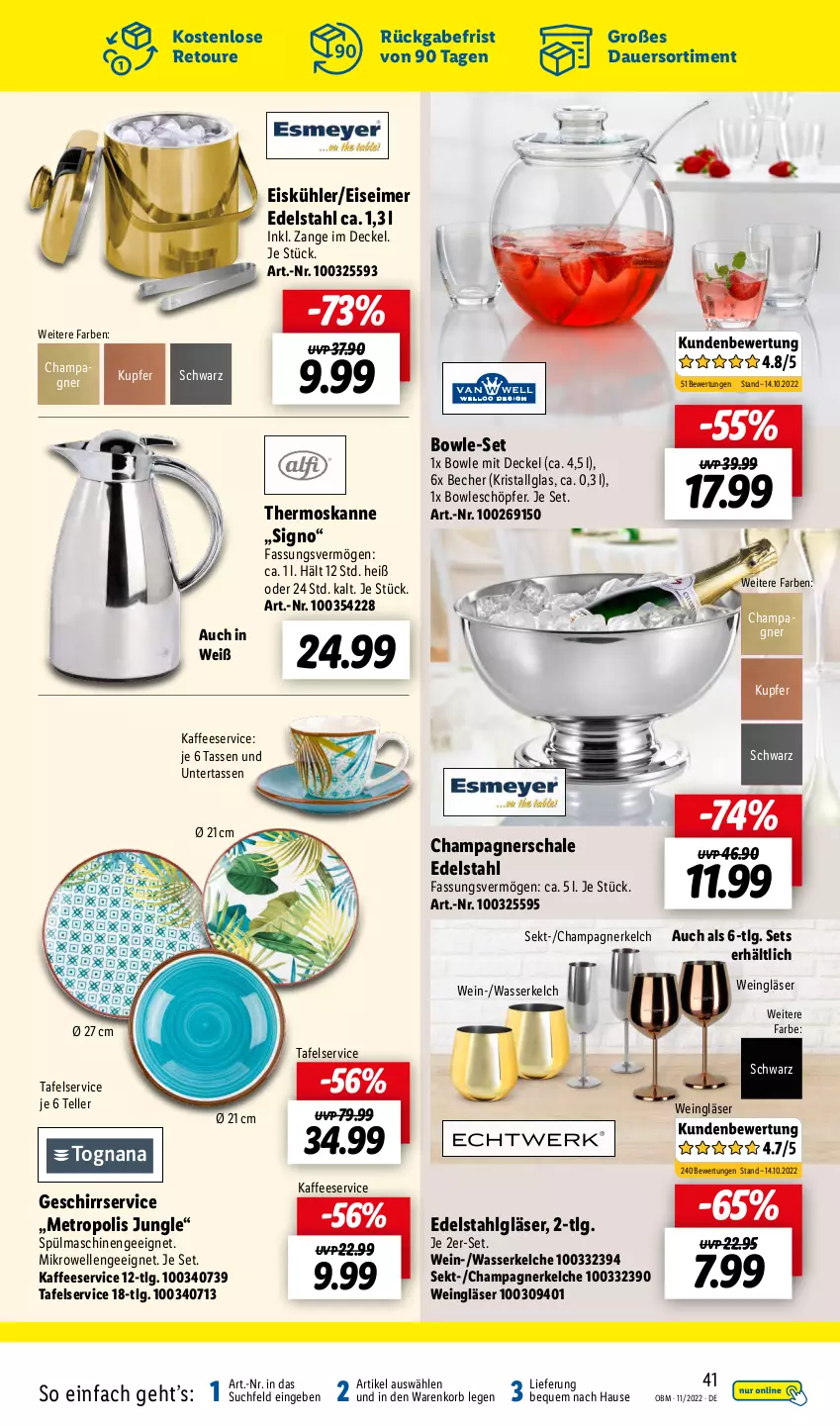 Aktueller Prospekt Lidl - Aktuelle Onlineshop-Highlights - von 01.11 bis 30.11.2022 - strona 41 - produkty: auer, Becher, bowle, champagne, champagner, decke, Deckel, edelstahl, eimer, eis, elle, geschirr, Gläser, kaffee, korb, LG, Metro, mikrowelle, Schal, Schale, sekt, spülmaschinen, tasse, teller, Ti, wasser, wein, Weingläser