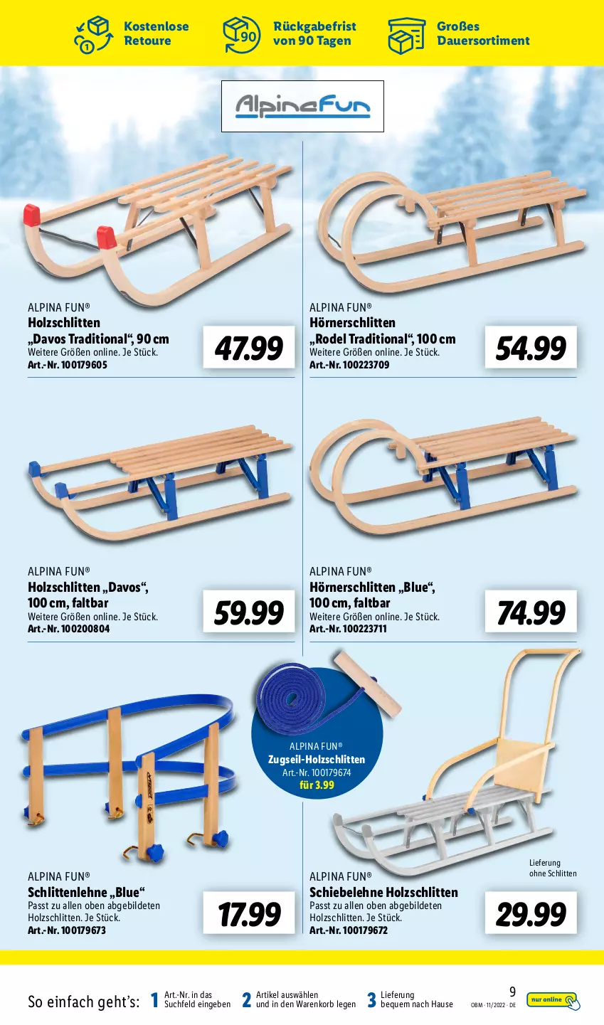 Aktueller Prospekt Lidl - Aktuelle Onlineshop-Highlights - von 01.11 bis 30.11.2022 - strona 9 - produkty: alpina, auer, Holz, korb, Schlitten, Ti