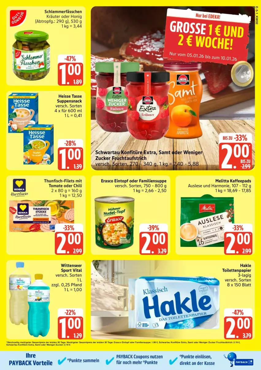 Aktueller Prospekt Edeka - Prospekte - von 05.01 bis 10.01.2026 - strona 5 - produkty: chili, coupon, coupons, eintopf, eis, erasco, filet, filets, fisch, hakle, honig, kaffee, kaffeepads, kräuter, melitta, papier, payback, snack, Sport, suppe, suppen, tasse, thunfisch, toilettenpapier, tomate, topf, vita