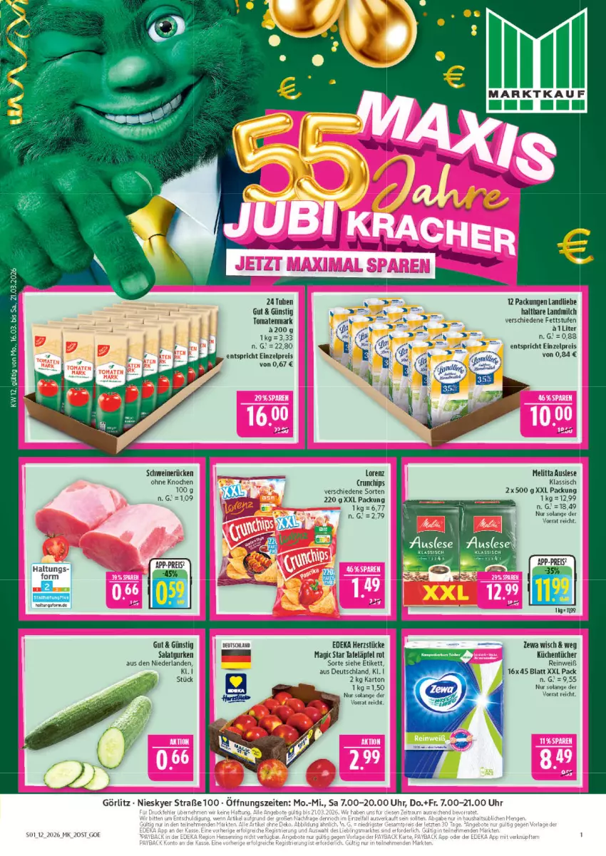 Aktueller Prospekt Marktkauf - Prospekt - von 15.03 bis 21.03.2026 - strona 1 - produkty: angebot, angebote, chips, crunchips, deka, eis, gurke, gurken, küche, Küchen, küchentücher, landliebe, landmilch, lorenz, melitta, milch, payback, reis, salat, Salatgurke, salatgurken, schwein, schweine, schweinerücken, tafeläpfel, Ti, tomate, tomaten, tomatenmark, tücher, uhr, wein, weine, zewa