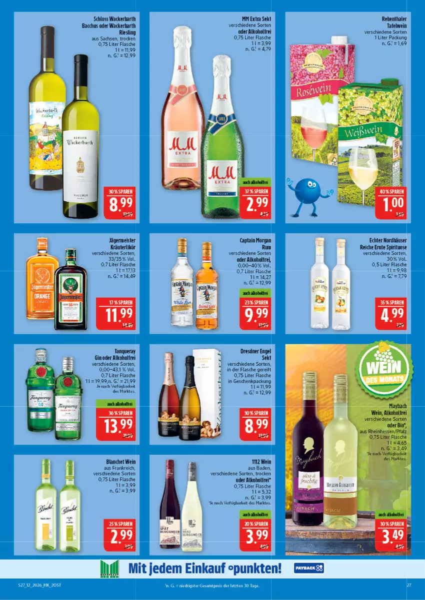 Aktueller Prospekt Marktkauf - Prospekt - von 15.03 bis 21.03.2026 - strona 27 - produkty: ACC, alkohol, Bad, Cap, captain morgan, eis, Engel, flasche, Germ, geschenkpackung, gin, jägermeister, kräuter, kräuterlikör, likör, Meister, mm extra, riesling, rum, sac, sekt, Tanqueray, wein