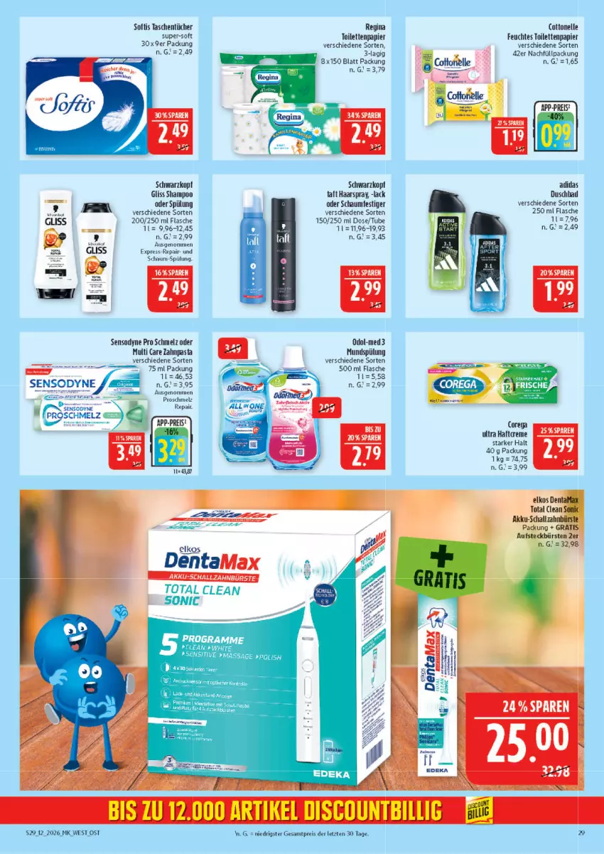 Aktueller Prospekt Marktkauf - Prospekt - von 15.03 bis 21.03.2026 - strona 29 - produkty: akku, aufsteckbürsten, aust, Bad, bürste, bürsten, cottonelle, duschbad, eis, elkos, elle, feuchtes toilettenpapier, flasche, gin, gliss, haarspray, lack, mundspülung, oder schaumfestiger, Odol, papier, pasta, reis, Schal, schallzahnbürste, schaumfestiger, schwarzkop, schwarzkopf, sensodyne, shampoo, spülung, Taft, Tasche, taschen, taschentücher, tee, Ti, tisch, toilettenpapier, tücher, zahnbürste, zahnpasta, ZTE