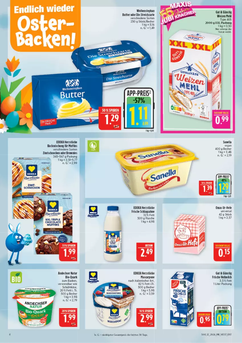 Aktueller Prospekt Marktkauf - Prospekt - von 15.03 bis 21.03.2026 - strona 4 - produkty: andechser natur, backmischung, Becher, bio, brownie, brownies, butter, cola, deka, eis, flasche, Hefe, Käse, mascarpone, mehl, milch, Muffin, muffins, natur, quark, reis, rwe, sahne, schlagsahne, Streichzart, Ti, type 405, vollmilch, weihenstephan, ZTE